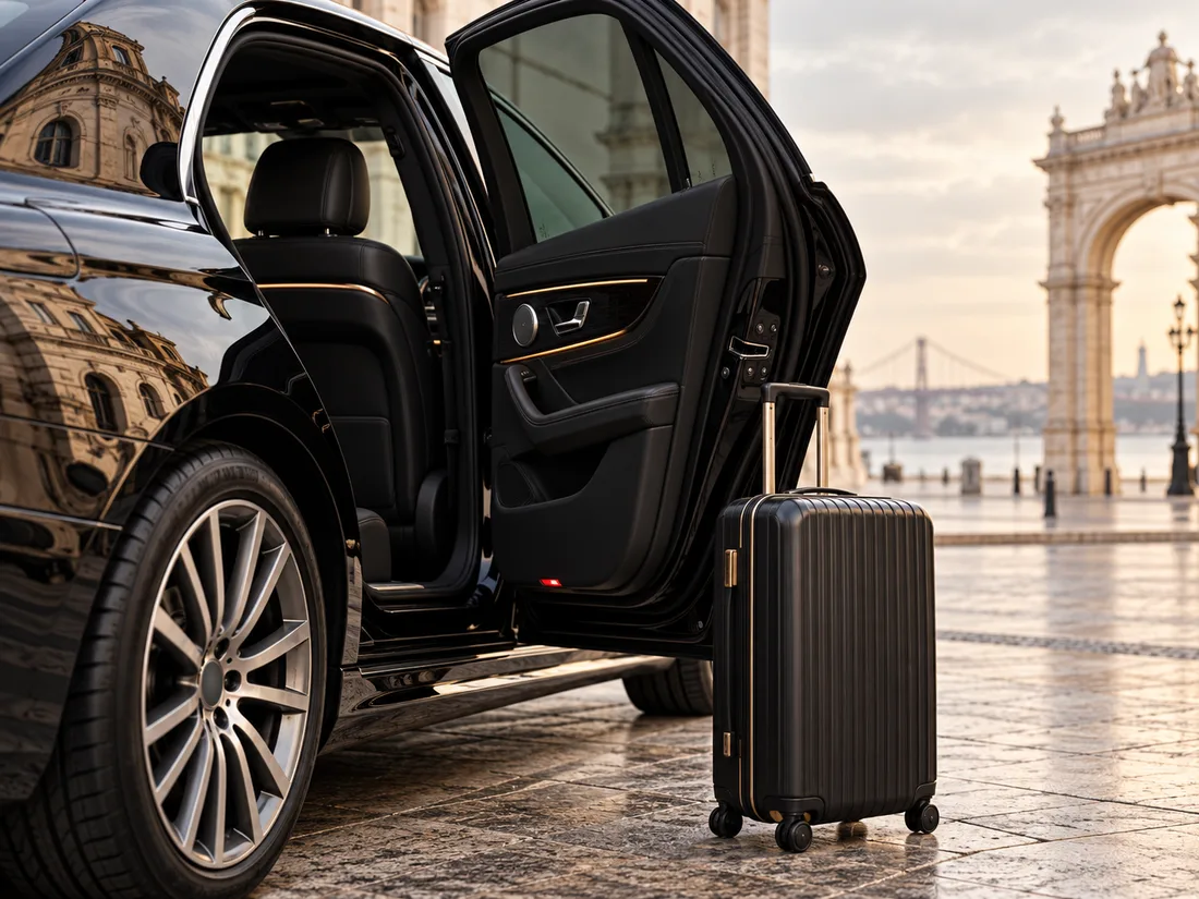 Executive black car with the rear door open and a suitcase beside it on a Lisbon waterfront square