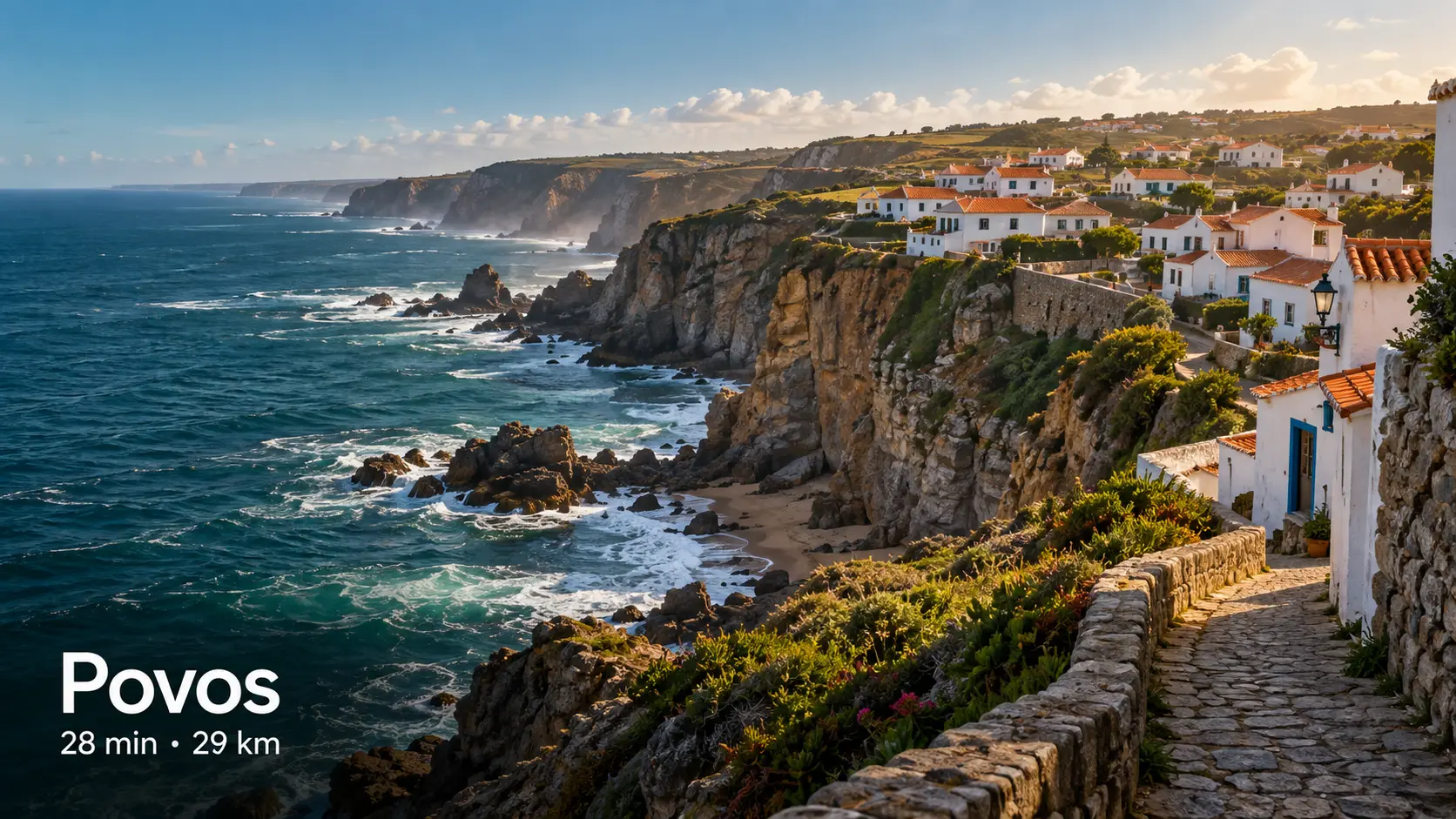 Whitewashed houses with orange roofs above rocky cliffs and a cobbled lane at Povos