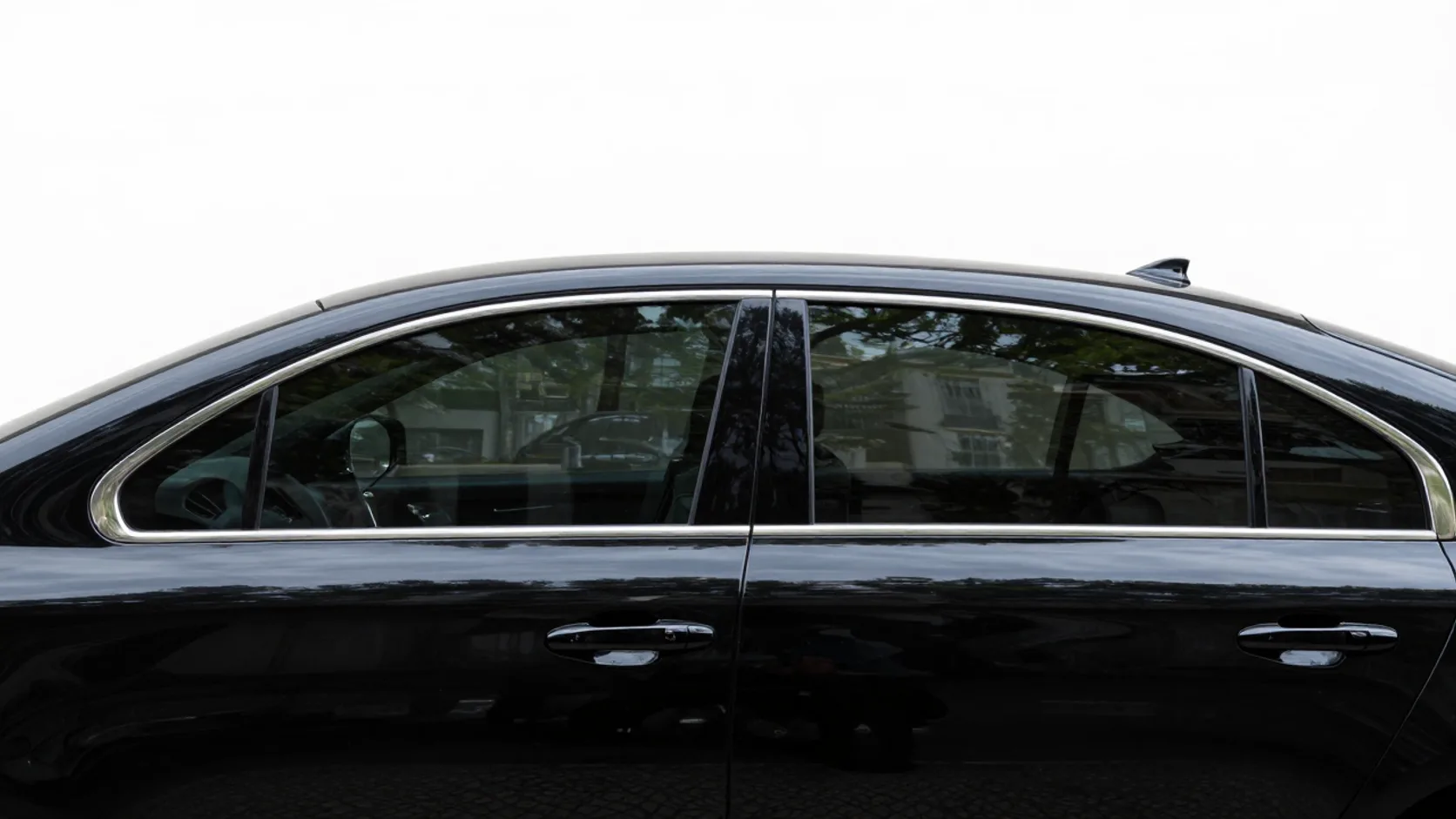 Tinted rear window of a black sedan reflecting a tree-lined street