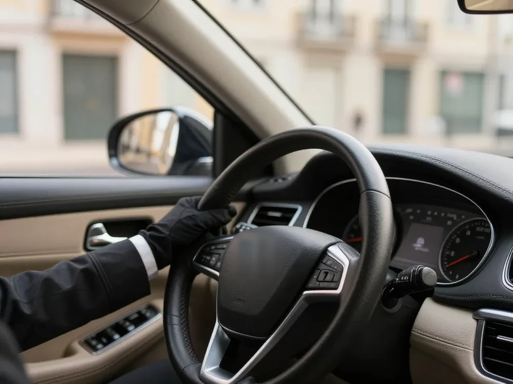 Chauffeur's gloved hand on the steering wheel