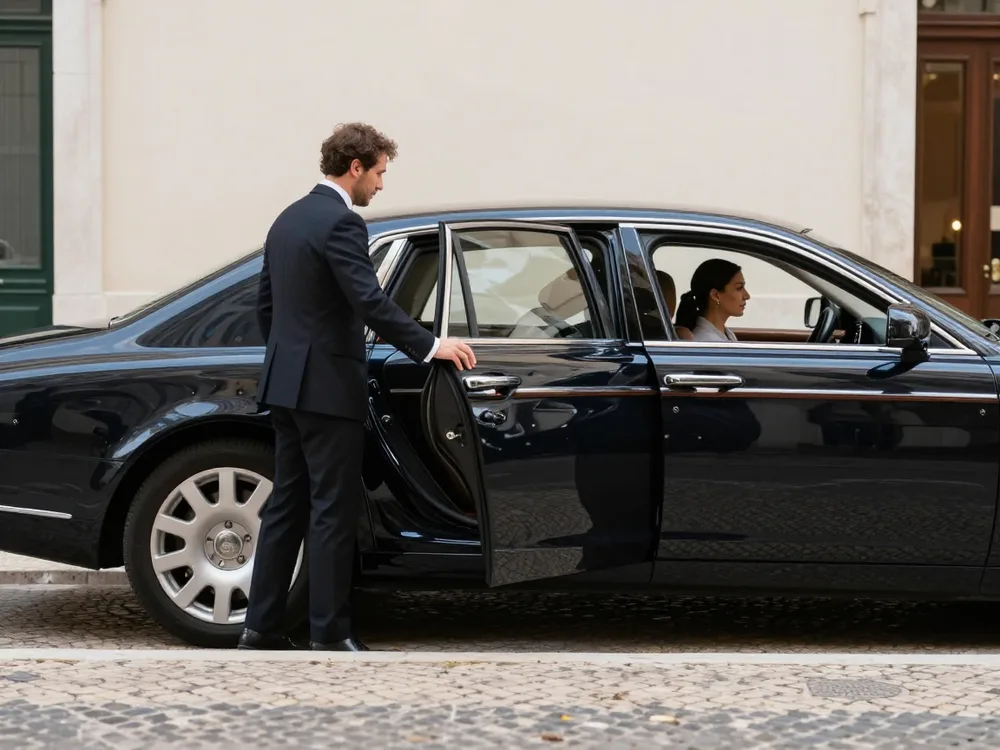 Chauffeur opening the rear door of a black sedan outside a Lisbon hotel