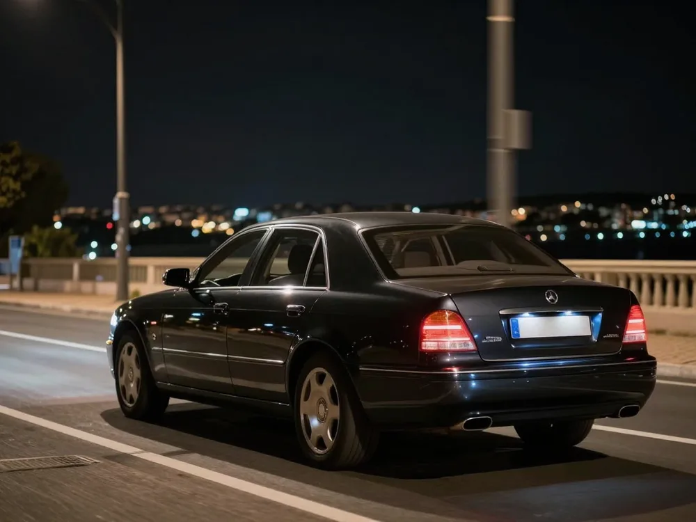 Black sedan driving through Lisbon at night