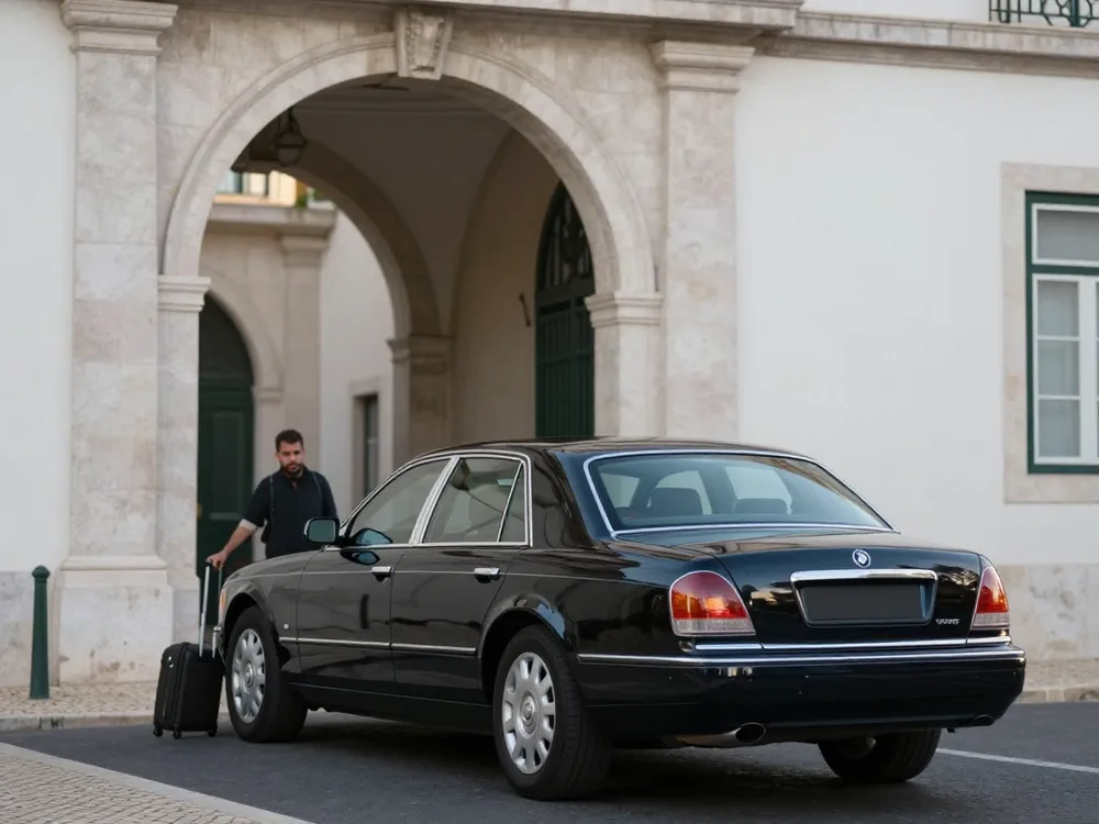 Black sedan arriving at a Lisbon station entrance