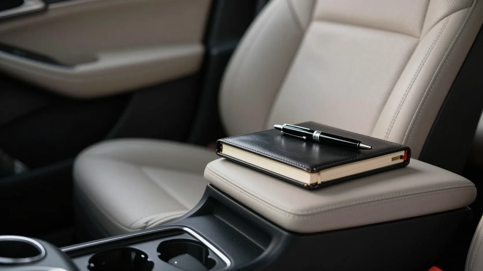 Leather notebook and fountain pen on the rear armrest of an executive car
